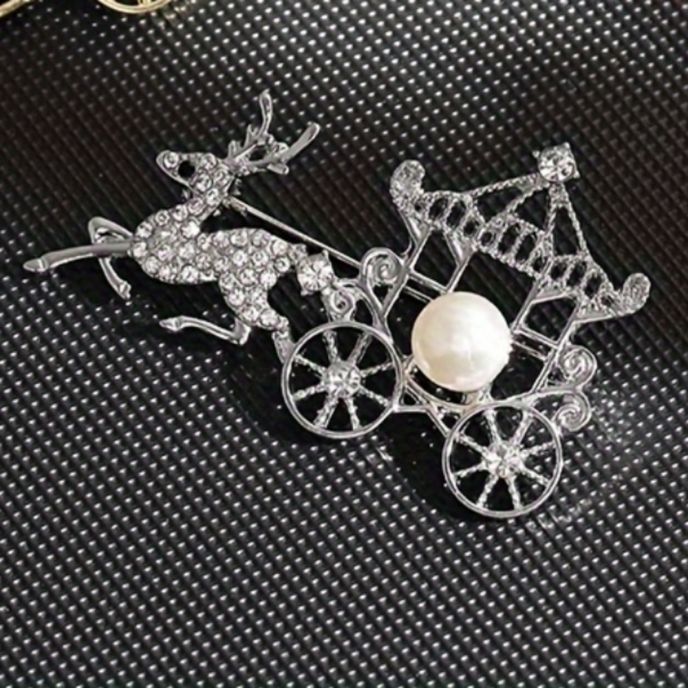 Reindeer Carriage Rhinestone Pearl Silver Brooch Pin - Picture 3 of 3